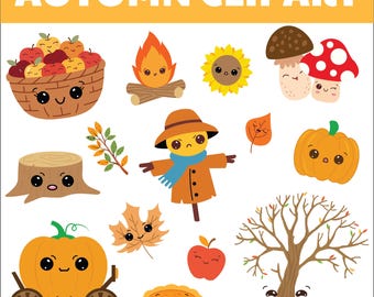 Lindo paquete de imágenes prediseñadas de otoño, 20 gráficos PNG de otoño, hojas kawaii, calabazas, acogedoras pegatinas de otoño para descarga digital, uso comercial.