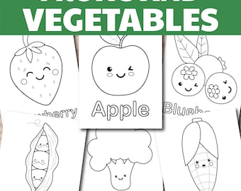Paquete de páginas para colorear de frutas y verduras, páginas para colorear de verduras, páginas para colorear de frutas, hojas para colorear para niños, descarga instantánea.