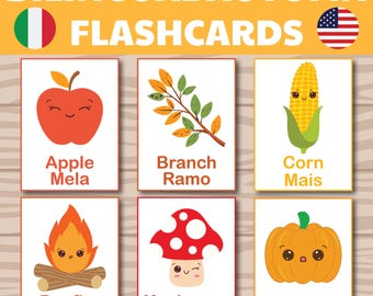 Tarjetas de vocabulario de otoño imprimibles: 20 tarjetas de vocabulario de otoño en PDF / Aprendizaje bilingüe italiano-inglés para niños, preescolar y Montessori