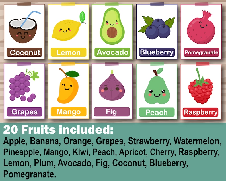 Cartoon Raspberry Lemon 20 Fruits Flash Cards, Montessori Flashcards, Pre-school Cards ...
