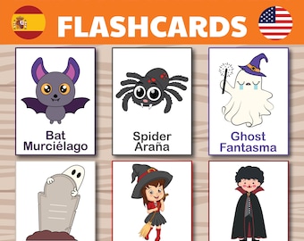 Tarjetas didácticas bilingües de Halloween para niños, vocabulario inglés-español, 20 tarjetas imprimibles kawaii, PDF de aprendizaje de inglés como segundo idioma y preescolar