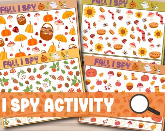 Hojas de trabajo para niños pequeños en edad preescolar, hojas de trabajo para preescolar, juego I Spy de otoño, I Spy para niños, actividades imprimibles de otoño, descarga digital