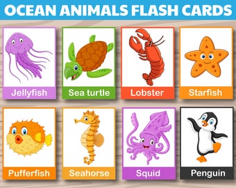 24 Tarjetas flash de vocabulario de animales del océano - Descarga digital imprimible para educación en el hogar y preescolar - Aprenda ANIMALES DEL OCÉANO en casa