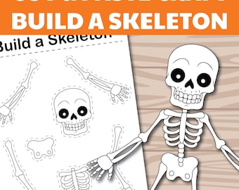 Manualidad de Halloween para niños: construye un esqueleto, actividad imprimible de cortar y pegar, plantilla de esqueleto DIY, proyecto divertido y espeluznante para el aula.