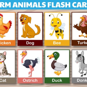24 Farm Animals Cards, Montessori Flash Cards, Cute Farm Animals ...