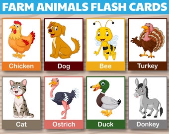 24 tarjetas de animales de granja, tarjetas didácticas Montessori, lindas tarjetas didácticas de animales de granja, material educativo, vocabulario de animales de granja