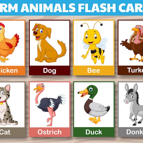 24 Farm Animals Cards, Montessori flash cards, Cute Farm Animals Flashcards, Educational Material, Farm Animals Vocabulary