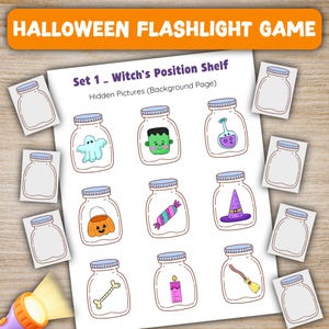 Op de afbeelding: Een Halloween Flashlight Game werkblad getiteld Set 1 - Witch's Position Shelf. De pagina bevat negen geïllustreerde potten, sommige met een geest, monsterhoofd, drankje, pompoenemmer, snoepje, hoed, bot, kaars en bezem, samen met lege potten.