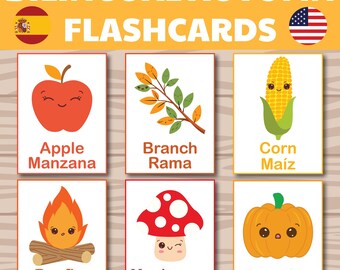 Tarjetas de vocabulario de otoño imprimibles, 20 tarjetas de vocabulario de otoño en PDF, aprendizaje bilingüe español-inglés para niños en edad preescolar y Montessori.