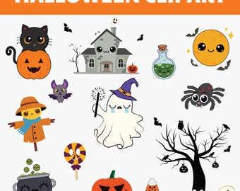 20 lindos clipart de Halloween, fantasmas kawaii, calabazas, murciélagos..., archivos PNG y SVG, gráficos espeluznantes y dulces, uso comercial incluido