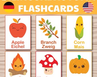 Tarjetas de vocabulario de otoño imprimibles, 20 tarjetas de vocabulario de otoño en PDF, aprendizaje bilingüe alemán-inglés para niños en edad preescolar y Montessori.