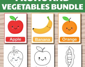 Ensemble de fruits et légumes, ressources d'apprentissage imprimables pour l'école à la maison et la maternelle, 40 cartes de fruits et légumes, 39 pages à colorier.