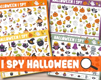 Hojas de trabajo del juego Veo, veo para niños en edad preescolar, Veo, veo para niños, actividades imprimibles de Halloween, descarga digital