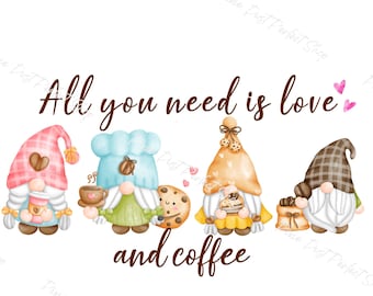 Tout ce dont vous avez besoin est l’amour et le café, les gnomes heureux, la caféine, l’amitié, le clipart de téléchargement numérique instantané, 300 dpi, PNG Graphic