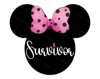 Breast Cancer, Survivor, Mouse Ears Silhouette Pink Bow, Fight Cancer, Strong, Aware, Instant Digital Download Clipart, 300 dpi, PNG Graphic