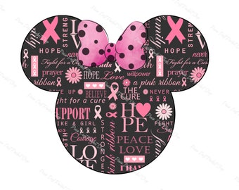 Breast Cancer, Black Mouse Ears Silhouette Pink Bow, Fight Cancer, Strong, Aware, Instant Digital Download Clipart, 300 dpi, PNG Graphic