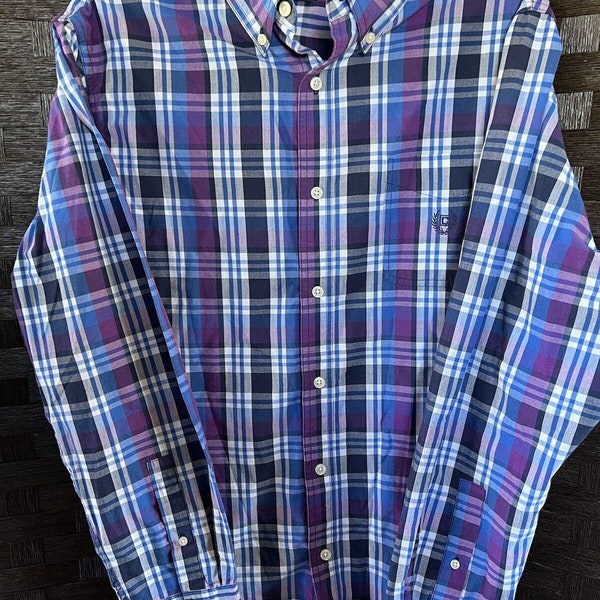 CHAPS Easy Care long sleeve men's plaid purple blue size large EUC