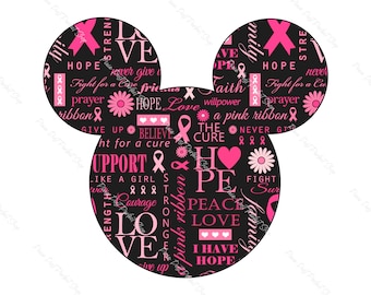 Breast Cancer, Black Mouse Ears Silhouette, Fight Cancer, Strong, Aware, Theme Park, Instant Digital Download Clipart, 300 dpi, PNG Graphic