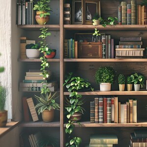 May include: A wooden bookshelf filled with books and potted plants. The shelves are brown and the books are a variety of colors. There are several green plants in pots on the shelves.