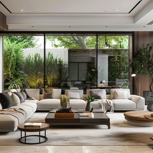 May include: A large, light grey sectional sofa with black throw pillows sits in a modern living room with a large window overlooking a lush green garden. A wooden coffee table with a black top sits in front of the sofa.