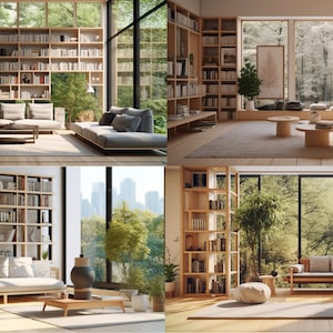 May include: Four different living room spaces with large windows and floor-to-ceiling bookshelves. Each space features a couch, a coffee table, and a variety of plants. The rooms are decorated in a minimalist style with natural wood tones and neutral colors.