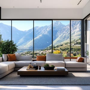 May include: A modern living room featuring a large sectional sofa upholstered in a light grey fabric. The sofa has orange cushions and is positioned in front of a wall of windows with a view of mountains. A wooden coffee table sits in front of the sofa.
