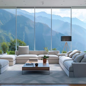 May include: A modern living room featuring a large sectional sofa and a coffee table. The sofa is white and the coffee table is made of wood. The room has large windows with a view of a mountain range.