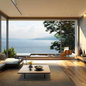 May include: A modern living room featuring a large sectional sofa, a coffee table, and a flat-screen TV. The room has large windows with a view of a body of water and trees.