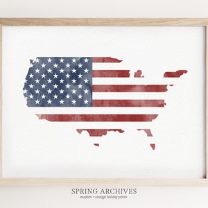 Afdrukbare muurdecoratie Amerikaanse vlag, minimale 4 juli-afdruk thuis, modern woondecoratie VS-kaart, horizontale kunstafdruk