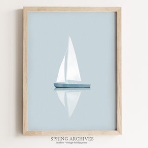 Sailboat Printable Wall Art, Minimalist Blue Boat Art Print, Nautical Home Decor Instant Download, Boys Nursery Wall Decor