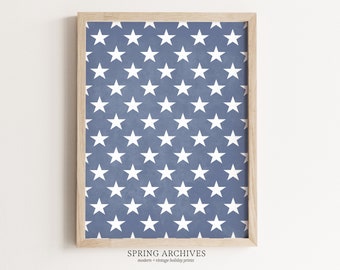 Star Pattern Printable Wall Art, 4th of July Party Art Digital Download, Pastel Blue DIY Home Decorations, American Flag Art Prints