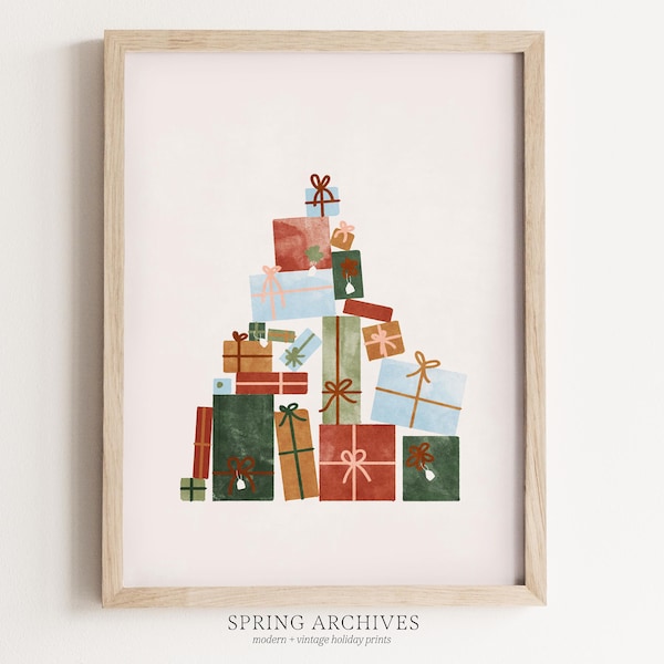 Christmas Presents Printable Art Print, Festive Wall Art Instant Download, Watercolor Xmas Home Decor, Cute Illustration Print