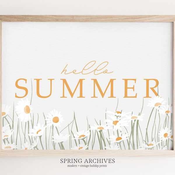 Hello Summer Printable Wall Art, Floral Daisy Digital Download, Classic Horizontal Home Decorations, Graphic Typography Print