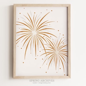 Vuurwerk afdrukbare muurkunst, nieuwjaarskunst digitale download, gouden huisdecoratie, NYE Party Art Prints