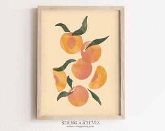 Peaches Printable Art Print, Summer Wall Art Instant Download, Colorful Kitchen Decor, Fruit Illustration Print