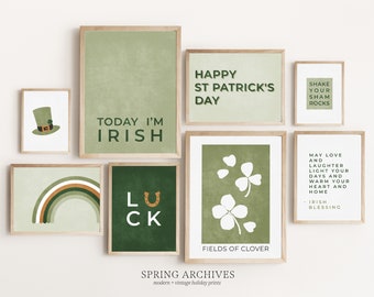 St Patricks Day 8 Printables Gallery Wall Art Set, Minimalist St Patricks Day Art Prints, Lucky Irish Home Decor, Green Instant Download