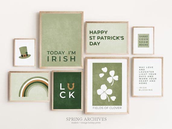St Patricks Day 8 Printables Gallery Wall Art Set, Minimalist St Patrick's Day Art Prints, Lucky Irish Home Decor, Green Instant Download