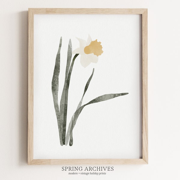 Daffodil Watercolor Printable Wall Art, Neutral Spring Art Digital Download, Flower Painting Home Decor, Nature Art Prints