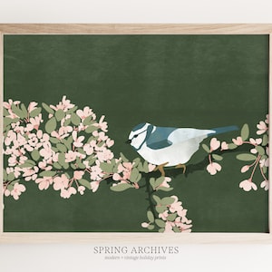 Bird Printable Art Print, Modern Summer Digital Download, Emerald Green Home Decor, Floral Blossom Wall Decor