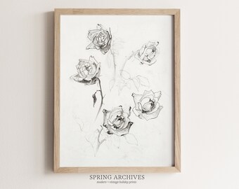 PRINTABLE Vintage Rose Sketch Art Print, Valentines Day Home Decor, Floral Drawing Wall Art, Flower Instant Download