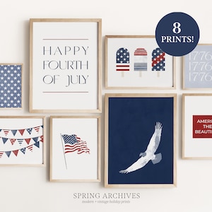 July 4th 8 Printables Gallery Wall Art Set, Independence Day Party Art Prints, Memorial Day Home Decor, Patriotic Instant Download