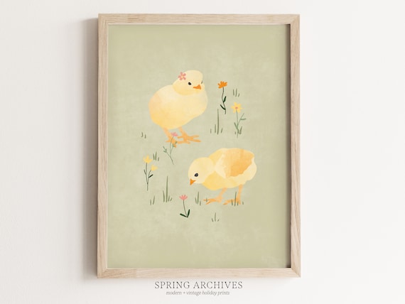 Baby Chicks Printable Art Print, Easter Wall Art Instant Download, Green Spring Home Decor, Animal Illustration Print