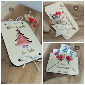 Personalisiertes Geldgeschenk zu Weihnachten, Wunscherfüller, Weihnachtsgeschenk, Geschenkkarte Geld, Geschenkverpackung aus Holz mit Name