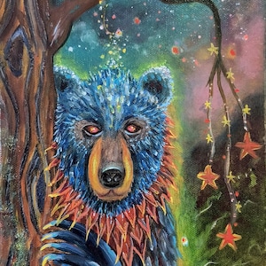May include: An original painting of a blue bear with red eyes, set against a night sky with a crescent moon and stars. The bear is next to a tree, with mushrooms at the base. The painting has a whimsical, fantasy theme.