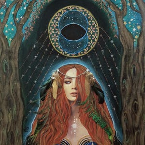 May include: A painting of a woman with long red hair wearing a blue dress with gold accents and a feather headdress. The woman is standing in front of a dark blue background with a gold circle and a starry sky. The painting has a mystical and ethereal feel.