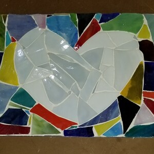 Valentine&#39;s day, white heart, and rainbow stained glass, handmade mosaic.
