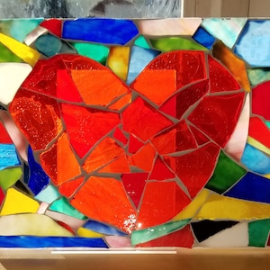 Valentine&#39;s day, red heart, and rainbow stained glass, handmade mosaic.