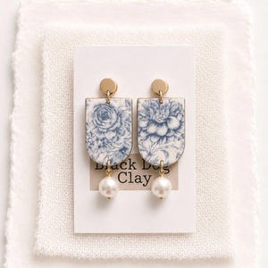 Floral Toile Clay Dangle Earrings | Floral Pearl Earrings | Coastal Grandma | Lightweight Polymer Clay Earrings