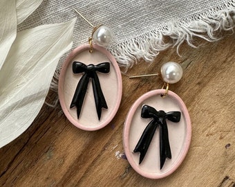 Black Pink Bow Clay Earrings | Ribbon Earrings | Bow Jewelry | Lightweight Polymer Clay Earrings