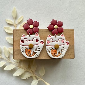 Lucky Cat Clay Earrings | Good Fortune Cat | Maneki-Neko Earrings | Lunar New Year | Chinese New Year | Lightweight Polymer Clay Earrings